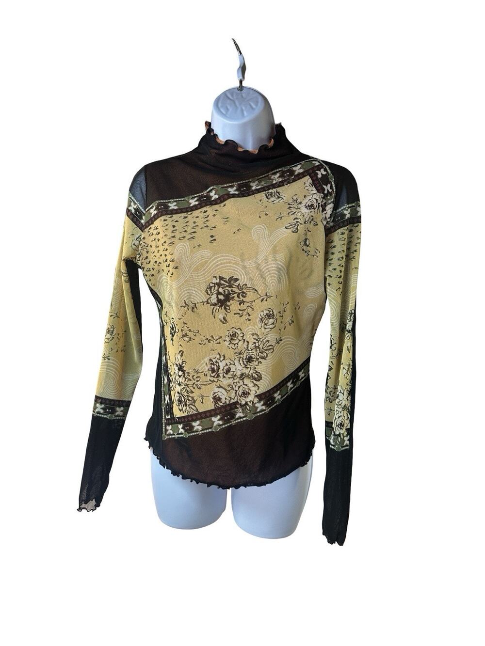 ANAC Y2K Sheer Mesh Mock Neck Top Floral Scarf Print Grunge Layering L